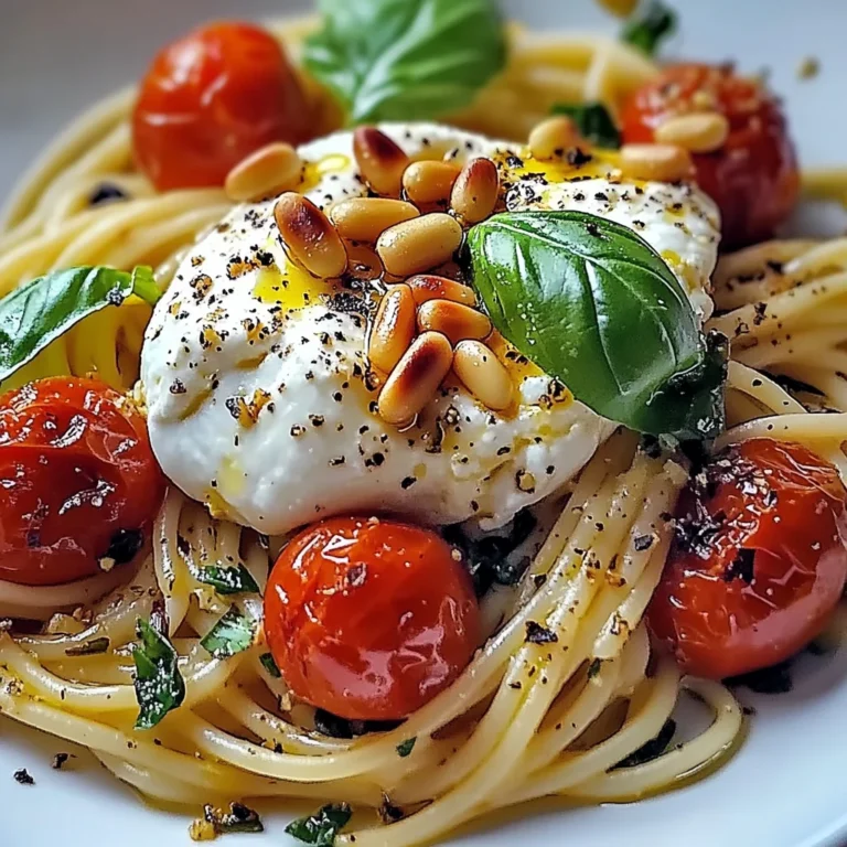 Pâtes au soleil : burrata, tomates confites et pignons